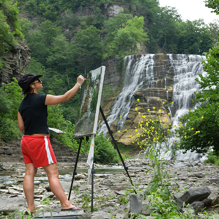 A painter captures the beauty of Ithaca Falls.