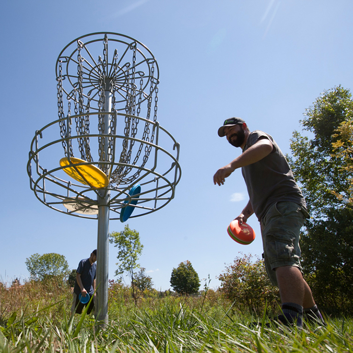 Students play disc golf on the Palmer Woods Course in summer.