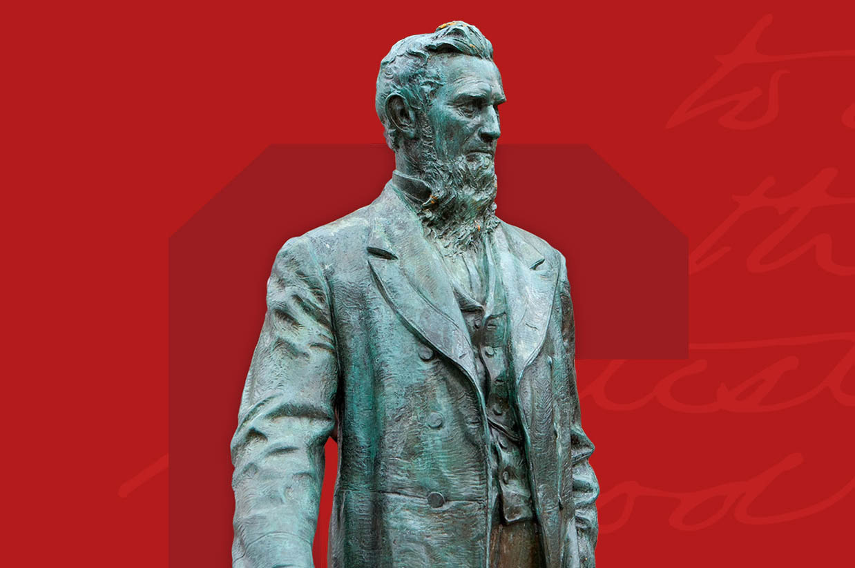 Ezra Cornell statue imposed over a red background in front of a large floating letter C (for Cornell). Text in the background says 'to do the greatest good' and is in Ezra Cornell's actual handwriting.