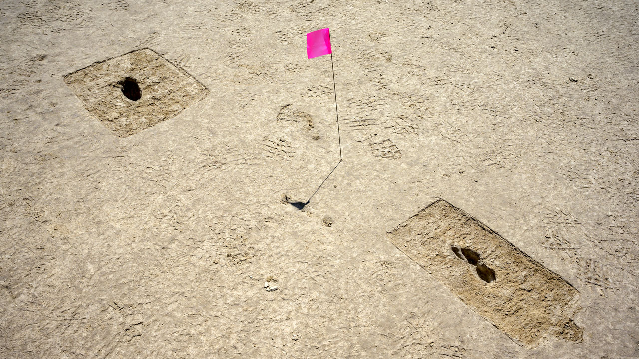 Footprints discovered on an archaeological site are marked with a pin flag on the Utah Test and Training Range.