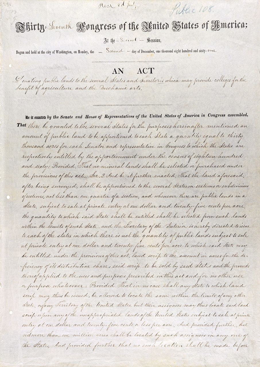 An aged copy of the Morill Act which at the top reads: Thirty Seventh Congress of the United States of America.