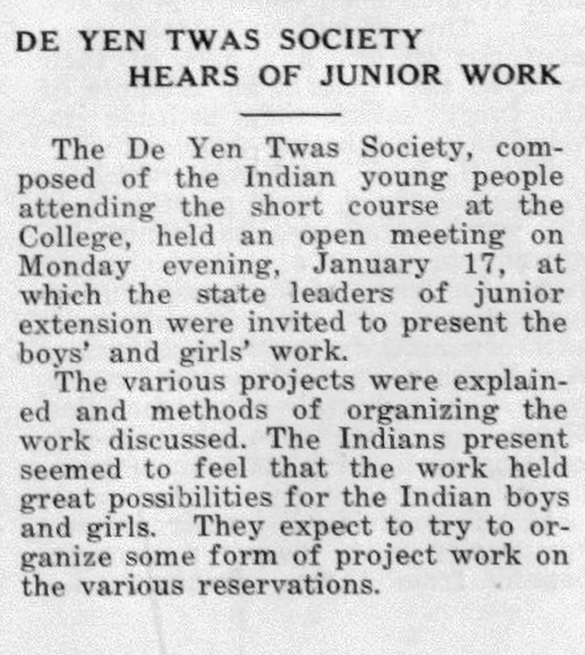 An article with the headline: De Yen Twas Society Hears of Junior Work.