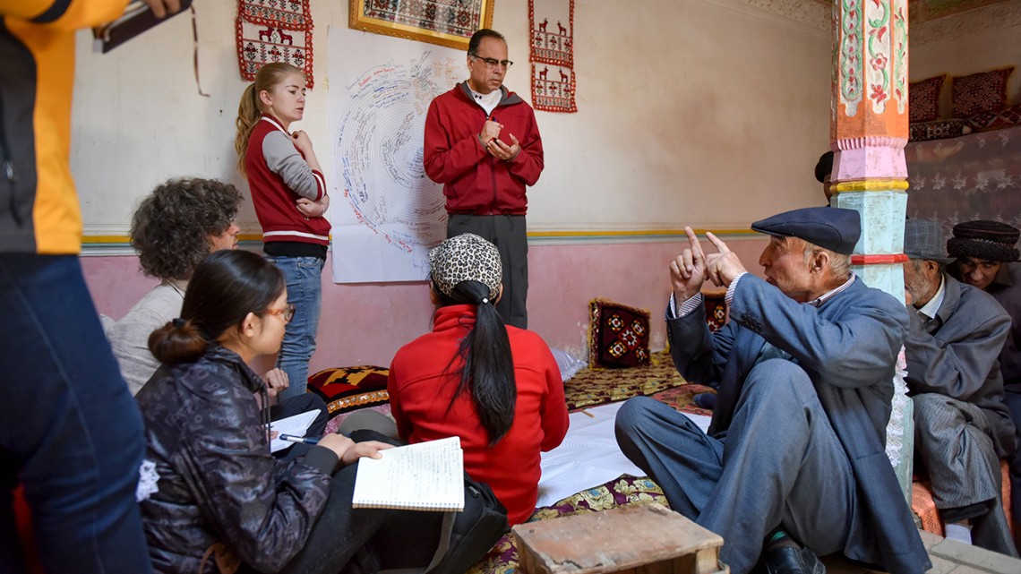Professor Karim-Aly Kassam meets talks with herders and farmers in Post Doct Village in Xinjiang, China.