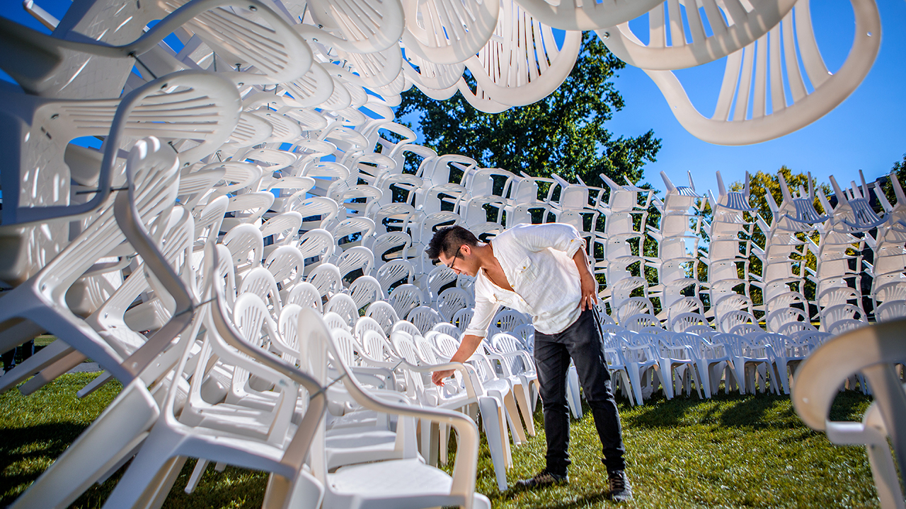 'Urchin' art installation made with common plastic chairs