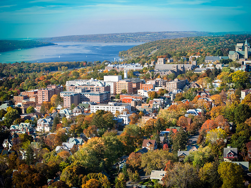 Ithaca, New York with Cayuga Lake in the background